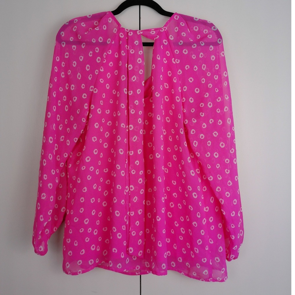 Nine West Pink White Circle Print Tie Neck Blouse Size Large Long Sleeve Top - Picture 2 of 9